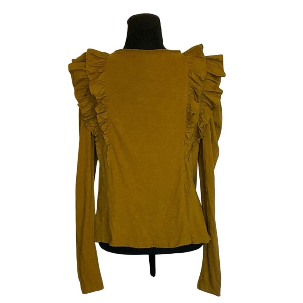 Anthropologie Top Womens Small Mustard Yellow Cotton Ruffle V Neck Long Sleeve - Picture 4 of 10